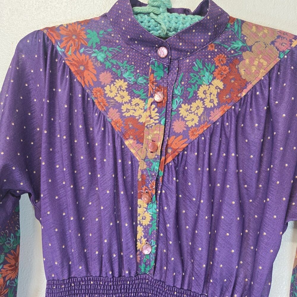 Vintage 70s It's Elayne California Purple Polka Dot Floral Midi Dress Size 8...